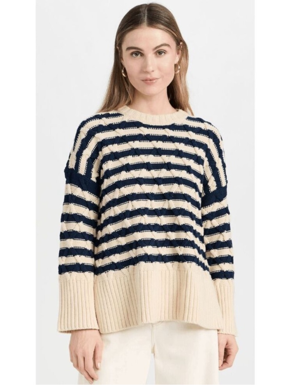 Madewell Cable-Knit Oversized Sweater in Stripe Ecru Crewneck Cotton Blend